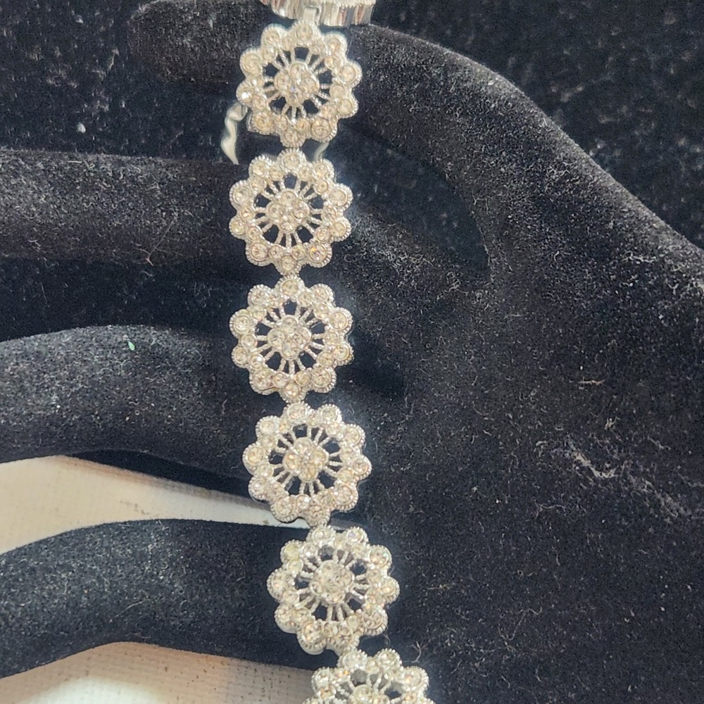 Crystal Flower Tennis Bracelet Silver Tone Pave Floral Swan Logo